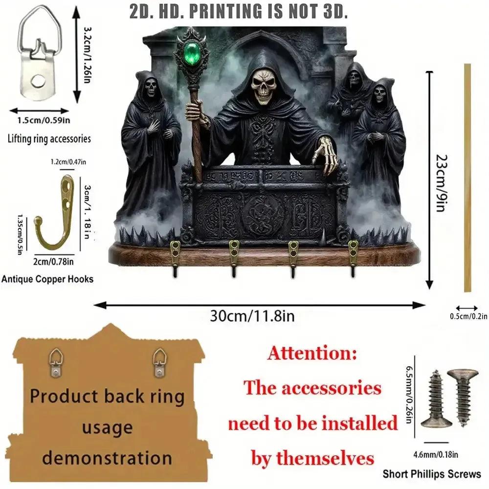 2D Grim Reaper Gothic Wooden Key Holder with Four Metal Hooks Witch Home Decor-MoonChildWorld
