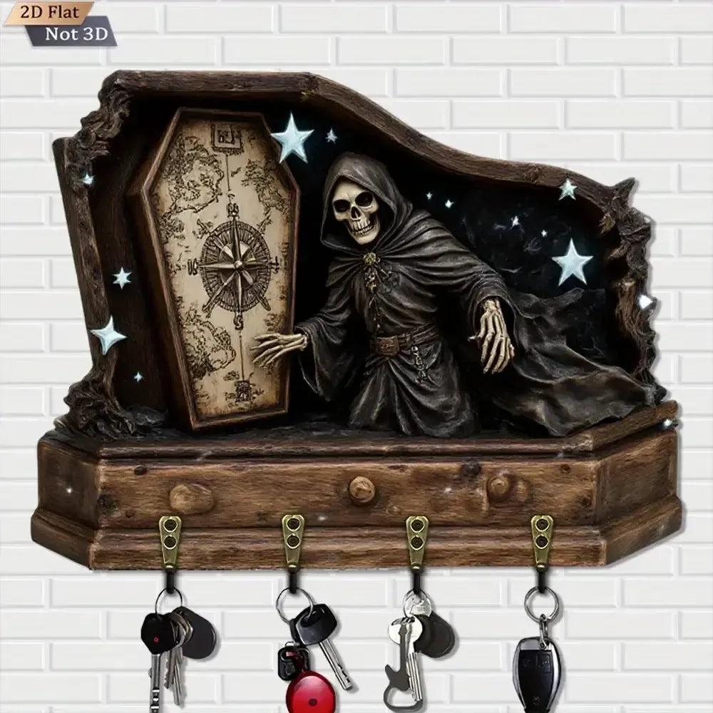 2D Grim Reaper Gothic Wooden Key Holder with Four Metal Hooks Witch Home Decor-MoonChildWorld