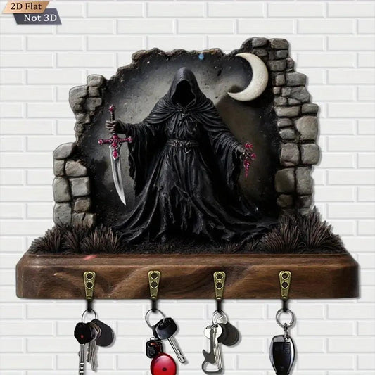 2D Grim Reaper Gothic Wooden Key Holder with Four Metal Hooks Witch Home Decor-MoonChildWorld