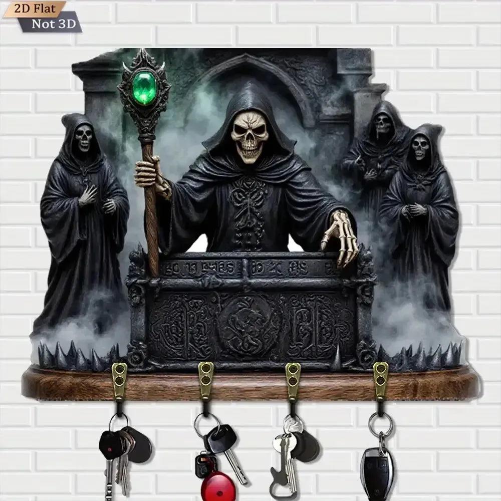 2D Grim Reaper Gothic Wooden Key Holder with Four Metal Hooks Witch Ho ...
