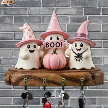 2D Halloween Ghost Pumpkin Wooden Key Holder with Four Hooks Witch Home Decoration-MoonChildWorld
