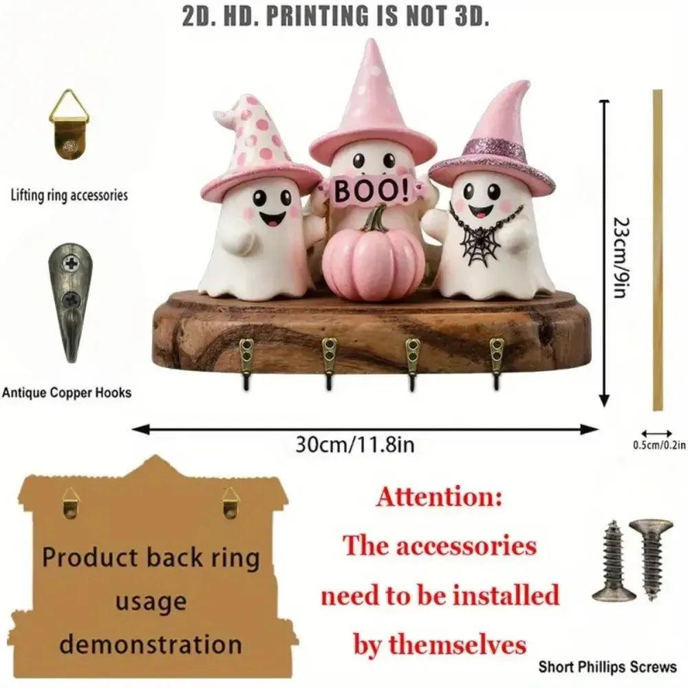 2D Halloween Ghost Pumpkin Wooden Key Holder with Four Hooks Witch Home Decoration-MoonChildWorld