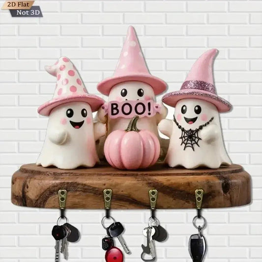 2D Halloween Ghost Pumpkin Wooden Key Holder with Four Hooks Witch Home Decoration-MoonChildWorld