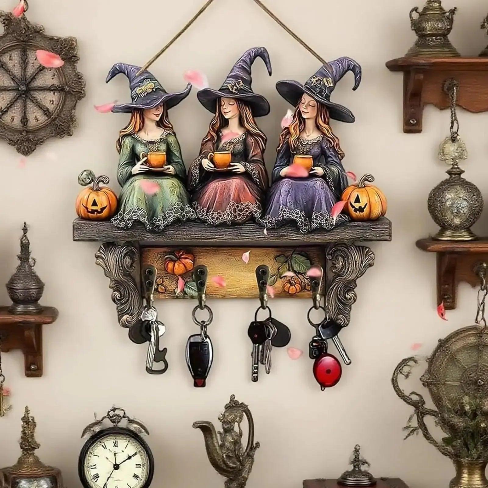 2D Halloween Witch Key Holder Wooden Keychain with Four Metal Hooks-MoonChildWorld