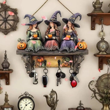 2D Halloween Witch Key Holder Wooden Keychain with Four Metal Hooks-MoonChildWorld