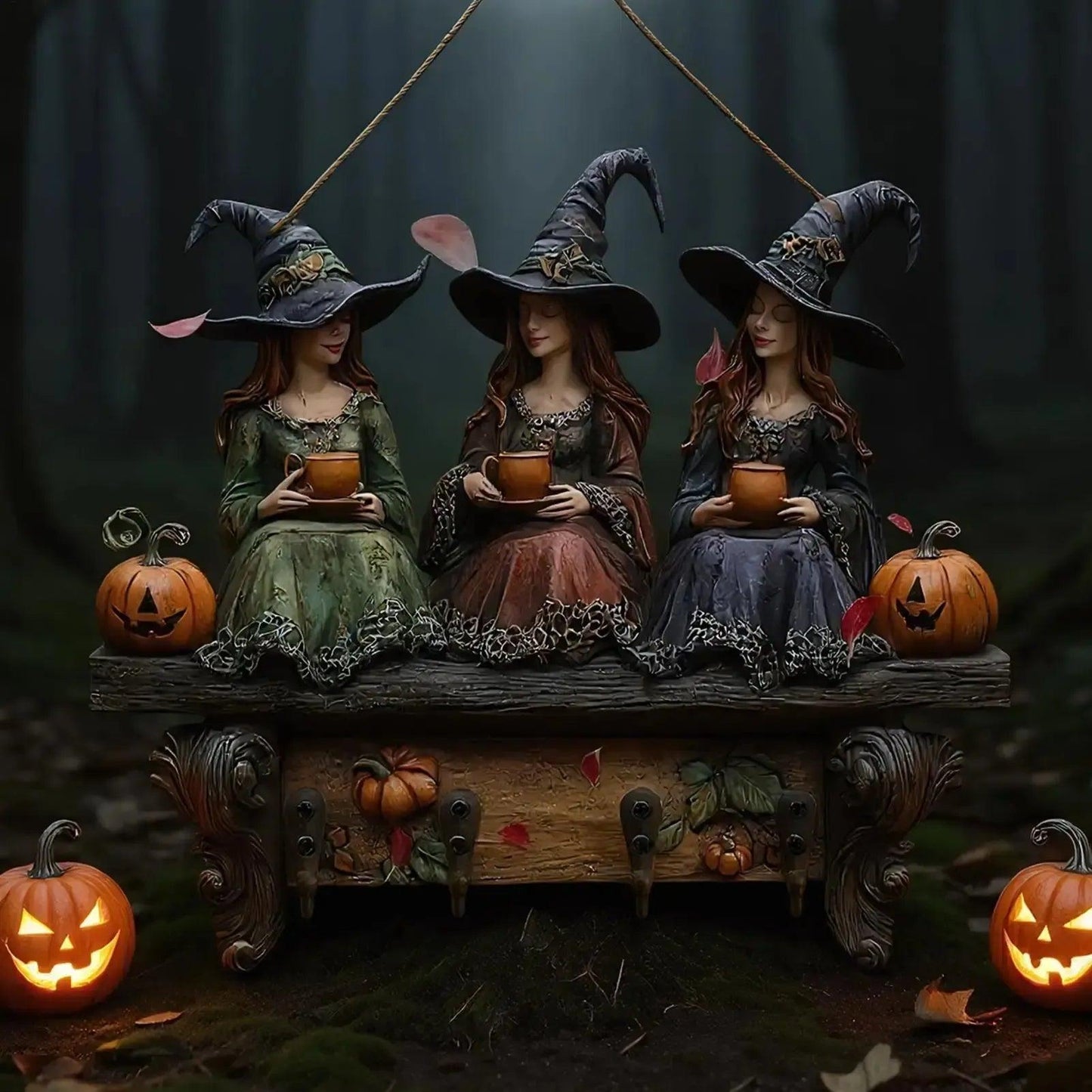 2D Halloween Witch Key Holder Wooden Keychain with Four Metal Hooks-MoonChildWorld