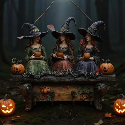 2D Halloween Witch Key Holder Wooden Keychain with Four Metal Hooks-MoonChildWorld
