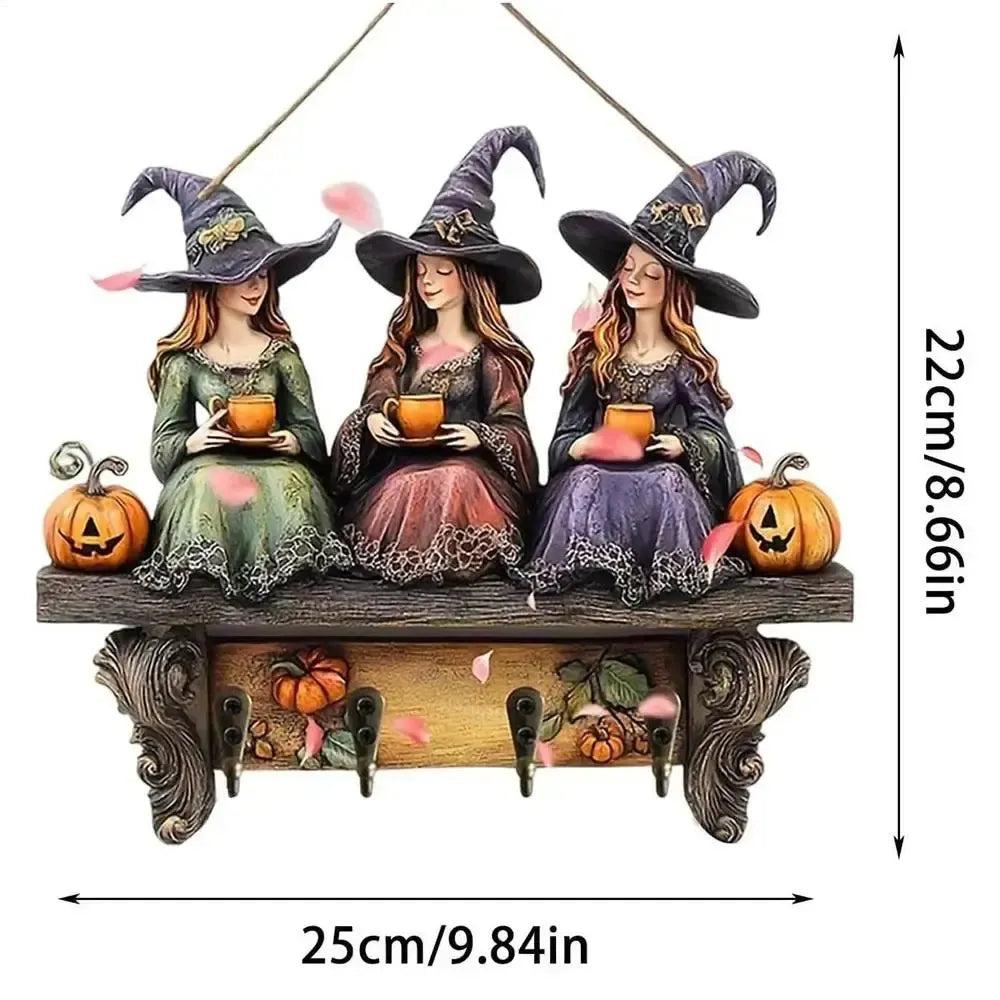2D Halloween Witch Key Holder Wooden Keychain with Four Metal Hooks-MoonChildWorld