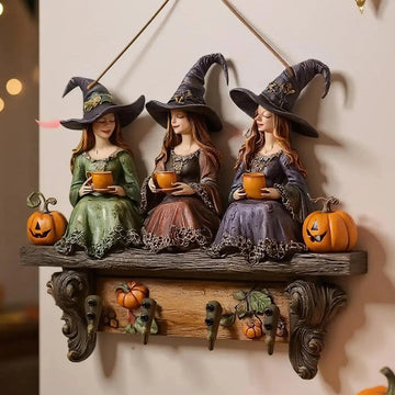 2D Halloween Witch Key Holder Wooden Keychain with Four Metal Hooks-MoonChildWorld