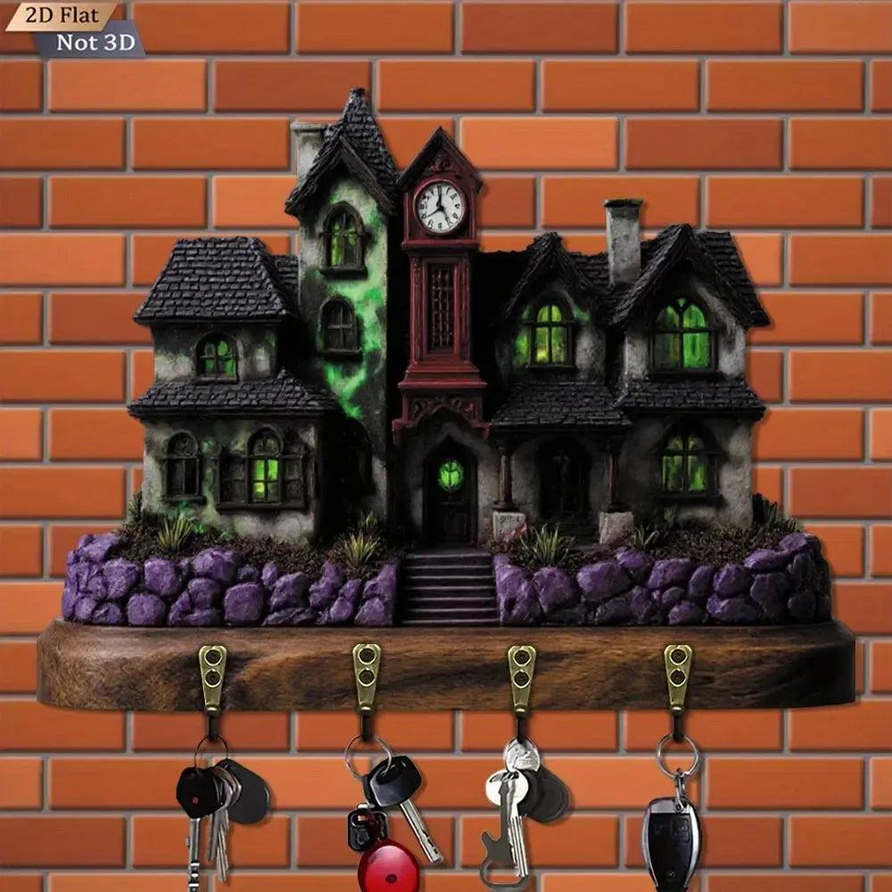 2D Haunted House Key Holder 4 Metal Hooks - Halloween Wood Key Rack Home Decor-MoonChildWorld