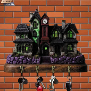 2D Haunted House Key Holder 4 Metal Hooks - Halloween Wood Key Rack Home Decor-MoonChildWorld