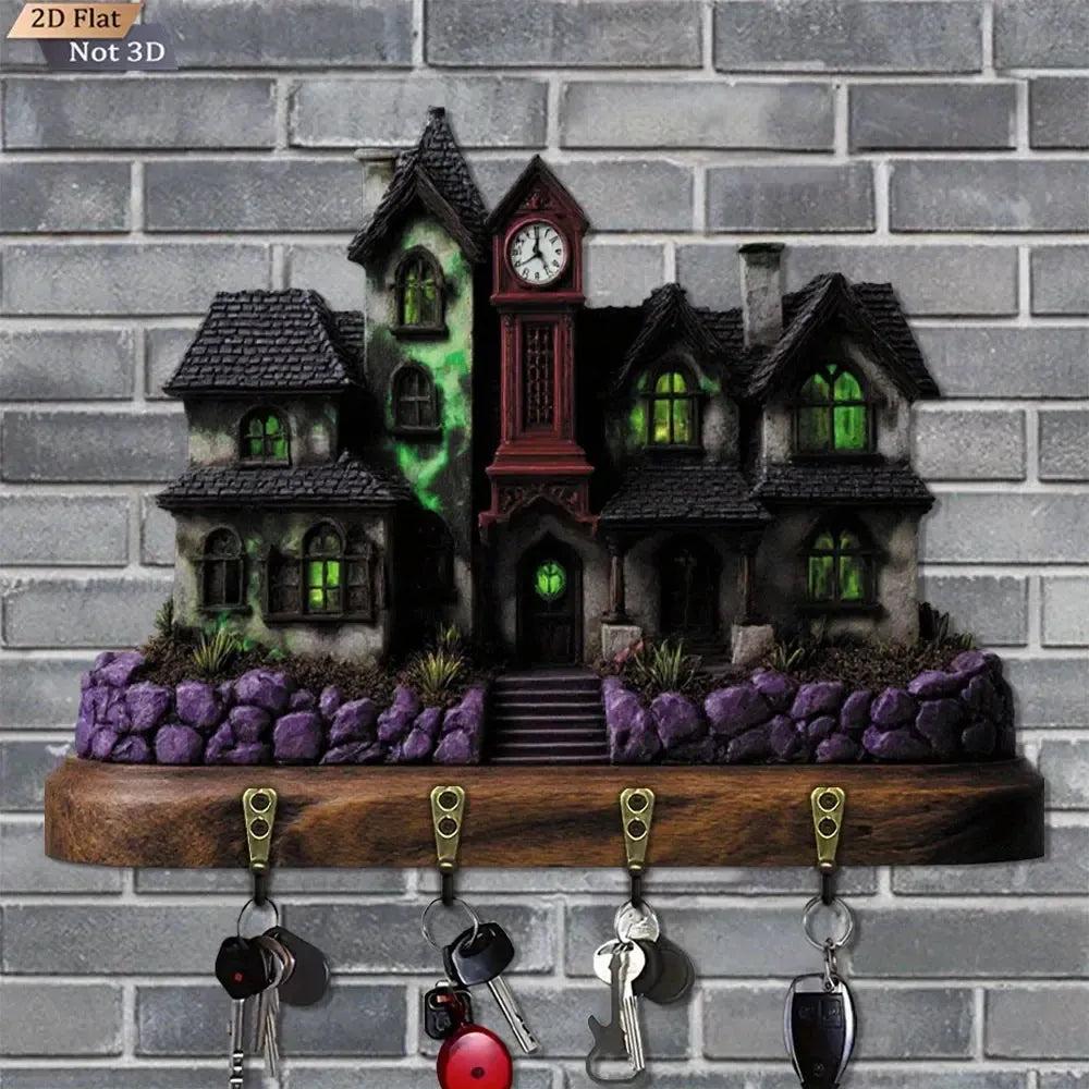 2D Haunted House Key Holder 4 Metal Hooks - Halloween Wood Key Rack Home Decor-MoonChildWorld