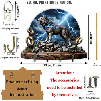 2D Lightning Wolf Wood Key Rack - Spirit Wolf Key Holder 4 Metal Hooks-MoonChildWorld