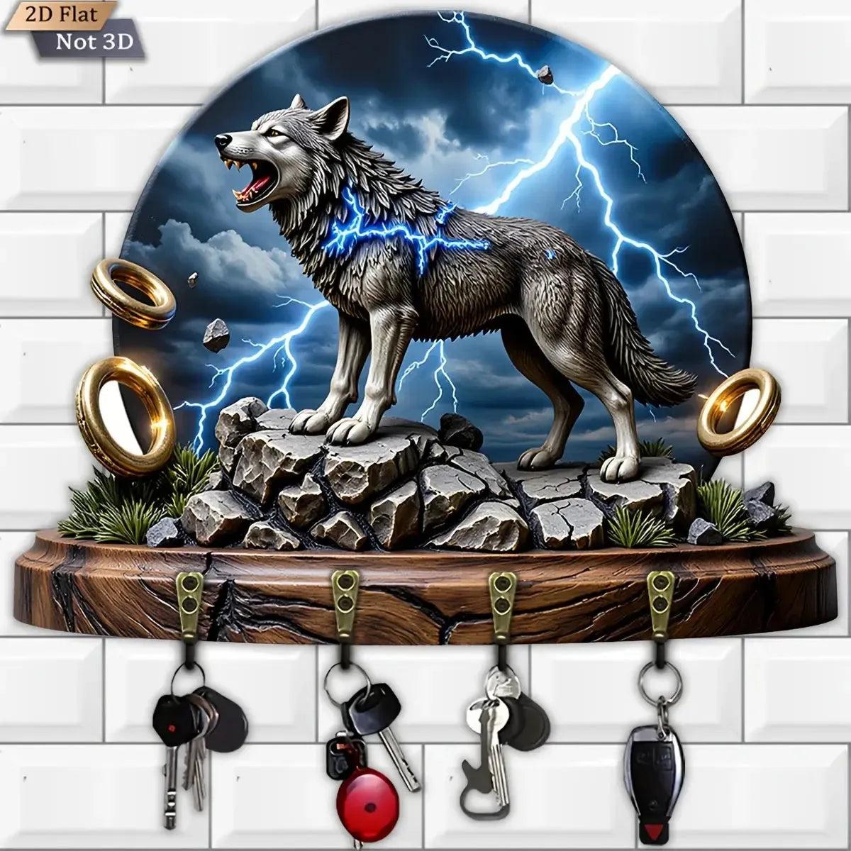 2D Lightning Wolf Wood Key Rack - Spirit Wolf Key Holder 4 Metal Hooks-MoonChildWorld