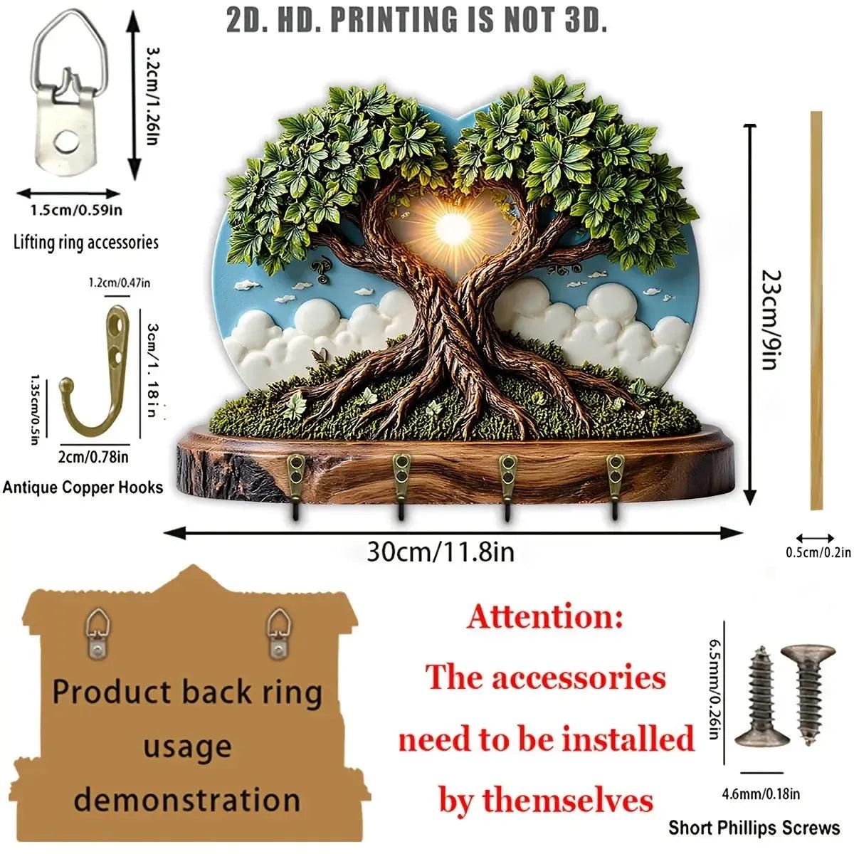 2D Love Tree Wooden Key Holder with 4 Metal Hooks - Pagan Tree Wood Key Rack-MoonChildWorld