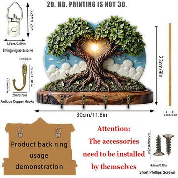2D Love Tree Wooden Key Holder with 4 Metal Hooks - Pagan Tree Wood Key Rack-MoonChildWorld