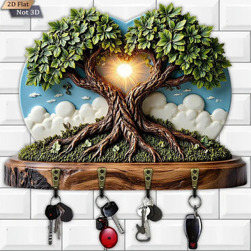 2D Love Tree Wooden Key Holder with 4 Metal Hooks - Pagan Tree Wood Key Rack-MoonChildWorld