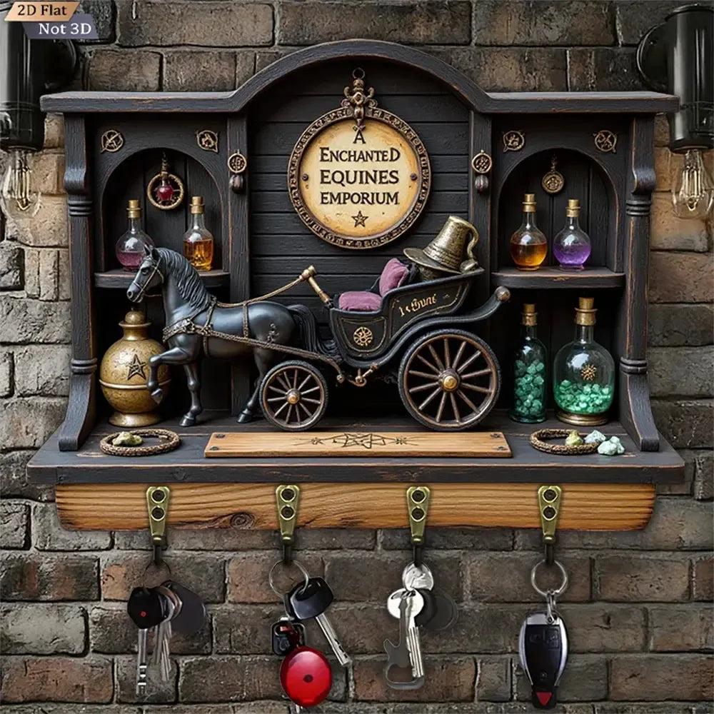 2D Magic Carriage Witchy Wood Key Rack - Halloween Key Holder 4 Metal Hooks-MoonChildWorld