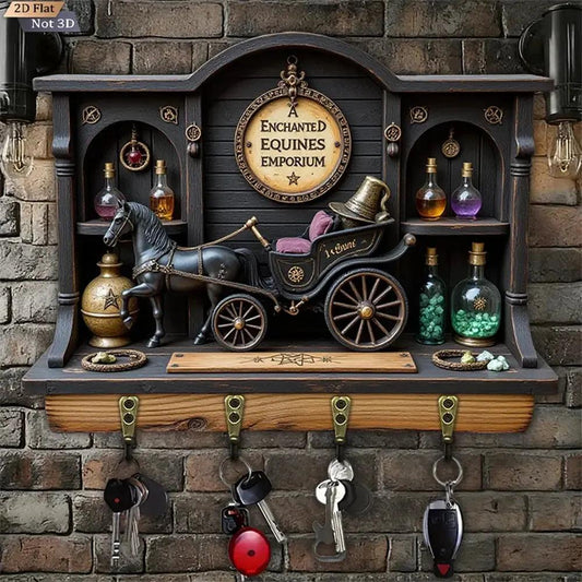2D Magic Carriage Witchy Wood Key Rack - Halloween Key Holder 4 Metal Hooks-MoonChildWorld