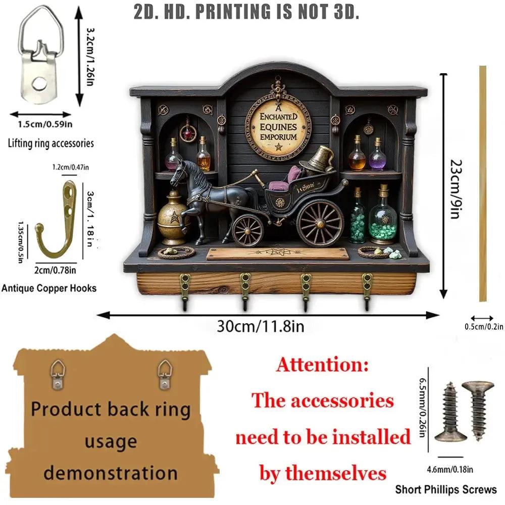 2D Magic Carriage Witchy Wood Key Rack - Halloween Key Holder 4 Metal Hooks-MoonChildWorld