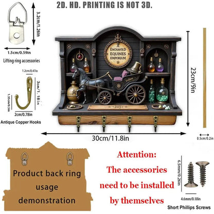 2D Magic Carriage Witchy Wood Key Rack - Halloween Key Holder 4 Metal Hooks-MoonChildWorld