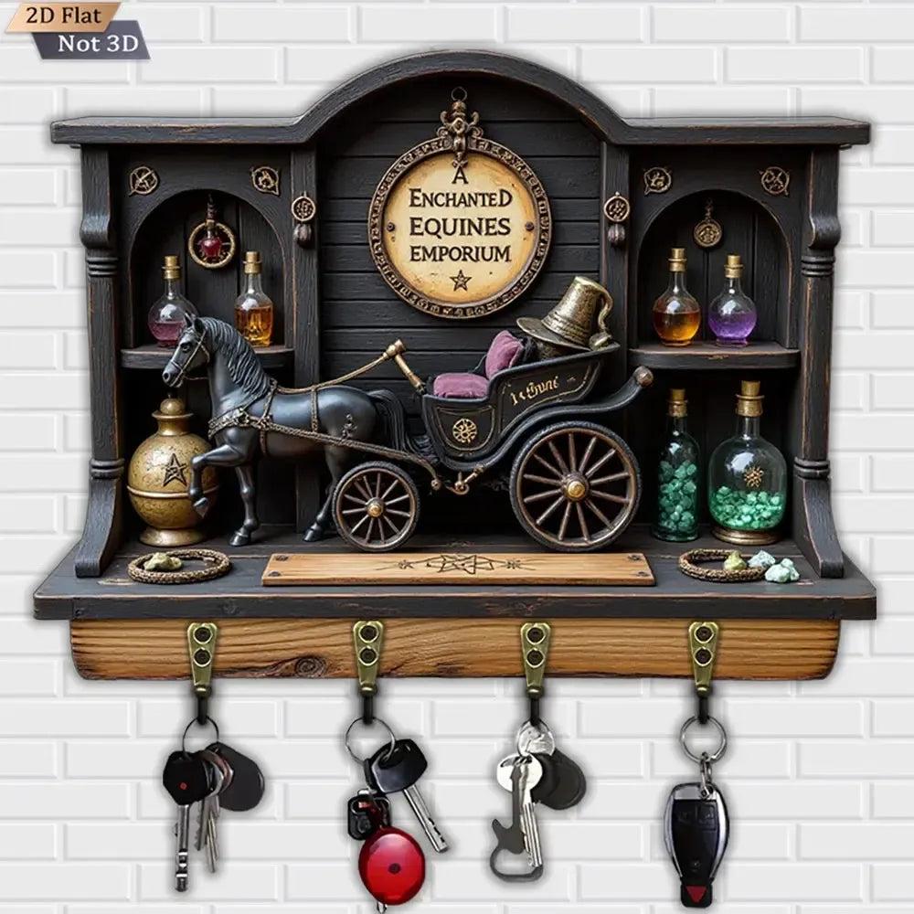 2D Magic Carriage Witchy Wood Key Rack - Halloween Key Holder 4 Metal Hooks-MoonChildWorld