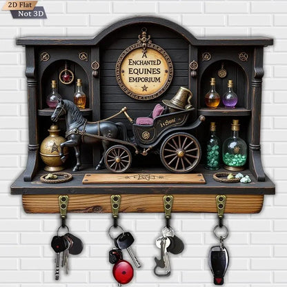 2D Magic Carriage Witchy Wood Key Rack - Halloween Key Holder 4 Metal Hooks-MoonChildWorld