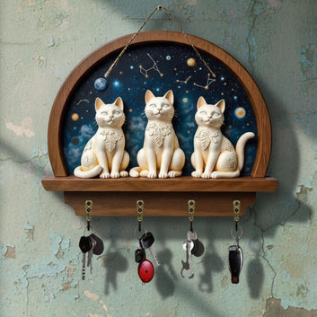 2D Magic Cats Key Holder 4 Metal Hooks - Mystic Cat Wood Key Rack-MoonChildWorld