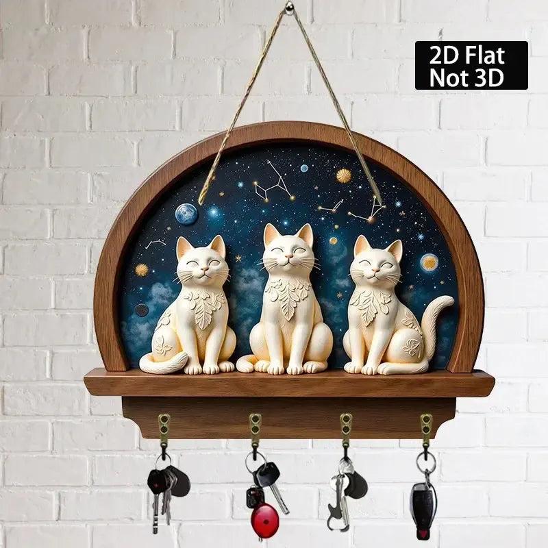 2D Magic Cats Key Holder 4 Metal Hooks - Mystic Cat Wood Key Rack-MoonChildWorld