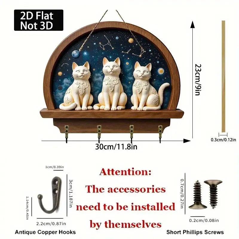 2D Magic Cats Key Holder 4 Metal Hooks - Mystic Cat Wood Key Rack-MoonChildWorld