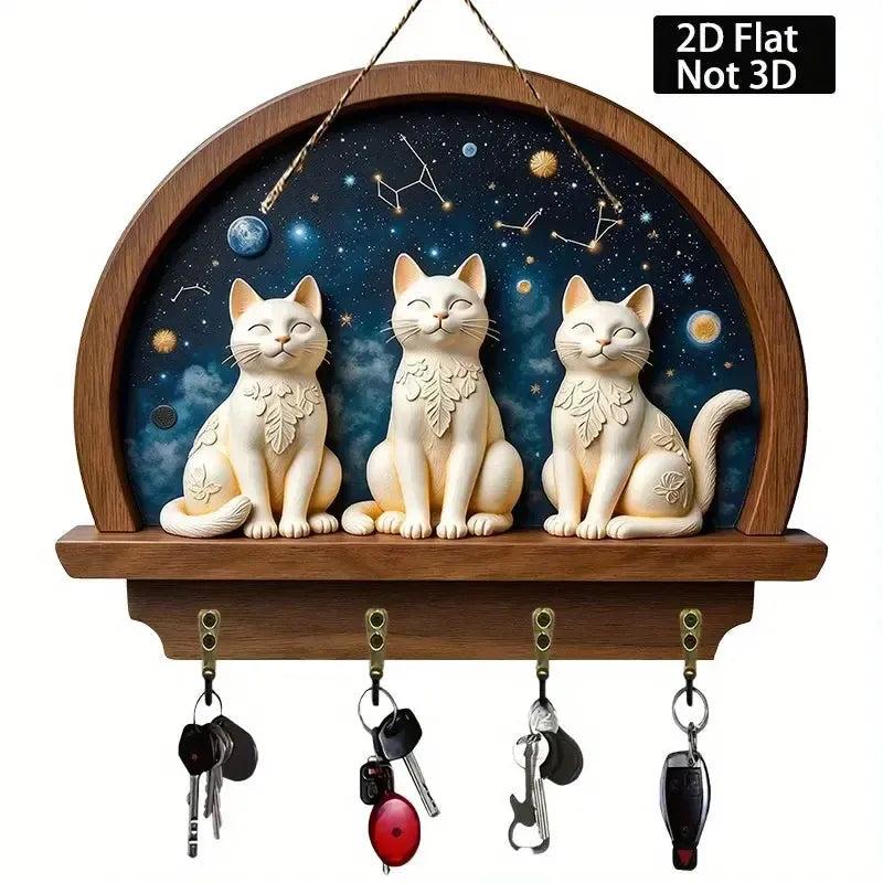 2D Magic Cats Key Holder 4 Metal Hooks - Mystic Cat Wood Key Rack-MoonChildWorld