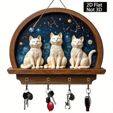 2D Magic Cats Key Holder 4 Metal Hooks - Mystic Cat Wood Key Rack-MoonChildWorld