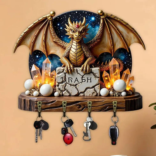 2D Magic Dragon Wood Key Rack - Crystal Dragon Witchy Key Holder 4 Metal Hooks-MoonChildWorld