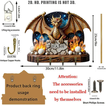 2D Magic Dragon Wood Key Rack - Crystal Dragon Witchy Key Holder 4 Metal Hooks-MoonChildWorld