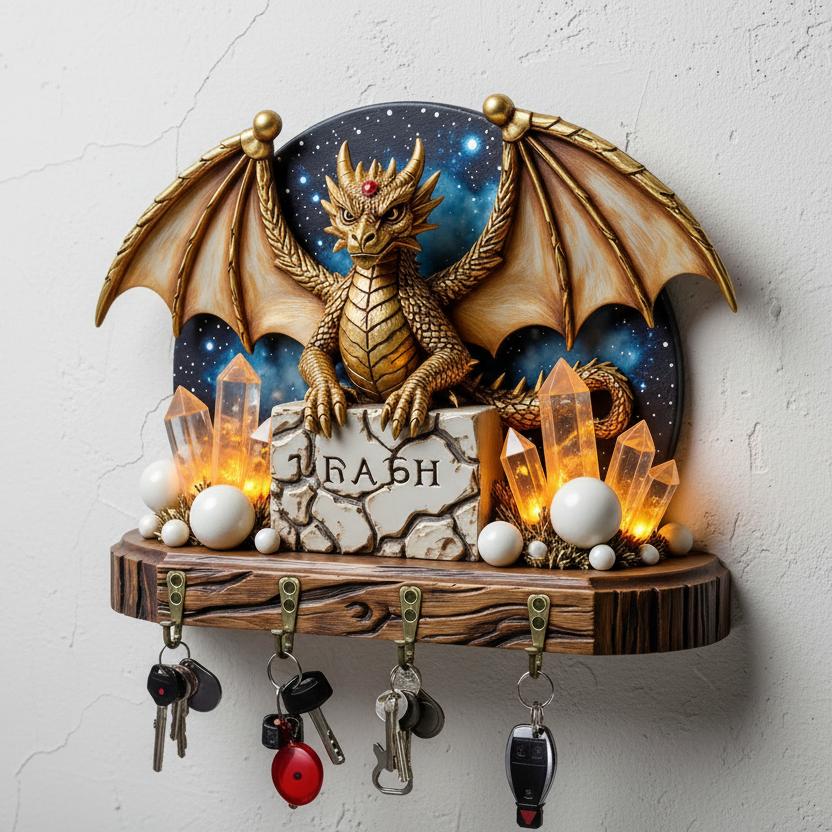 2D Magic Dragon Wood Key Rack - Crystal Dragon Witchy Key Holder 4 Metal Hooks-MoonChildWorld