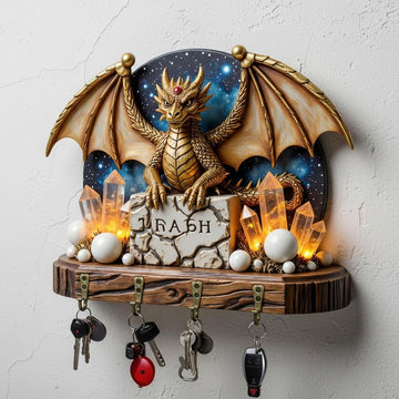 2D Magic Dragon Wood Key Rack - Crystal Dragon Witchy Key Holder 4 Metal Hooks-MoonChildWorld