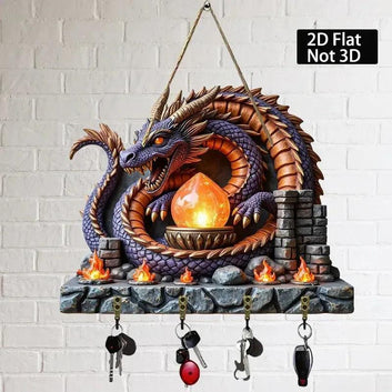 2D Magic Dragon Wooden Key Holder with Four Metal Hooks-MoonChildWorld