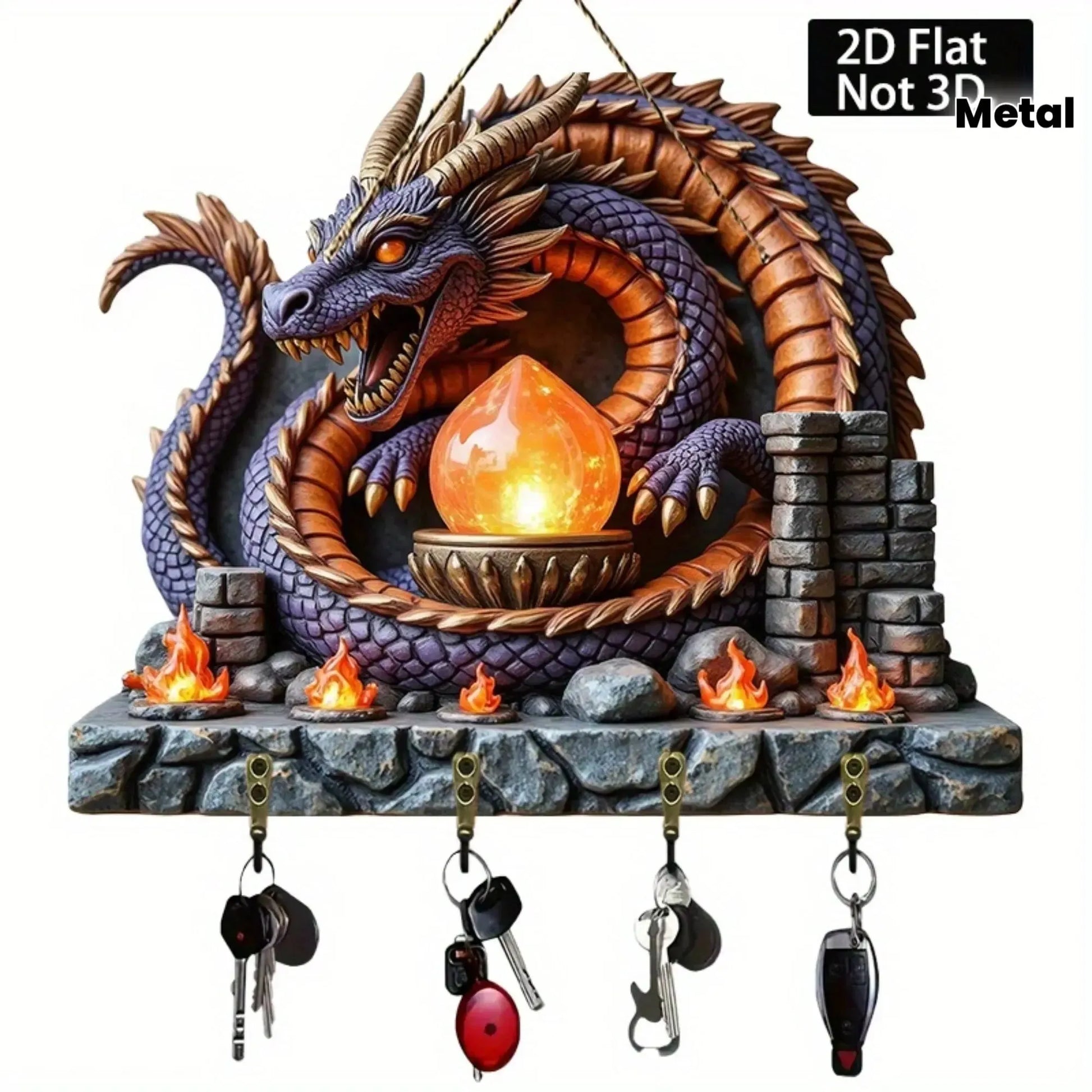 2D Magic Dragon Wooden Key Holder with Four Metal Hooks-MoonChildWorld