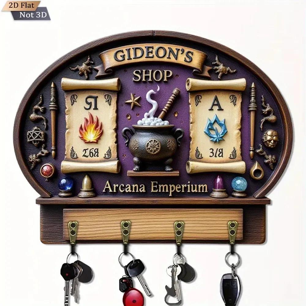 2D Magic Wicca Key Holder 4 Metal Hooks - Witchy Wood Key Rack-MoonChildWorld