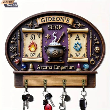 2D Magic Wicca Key Holder 4 Metal Hooks - Witchy Wood Key Rack-MoonChildWorld