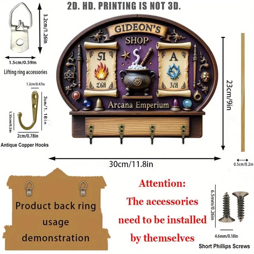 2D Magic Wicca Key Holder 4 Metal Hooks - Witchy Wood Key Rack-MoonChildWorld