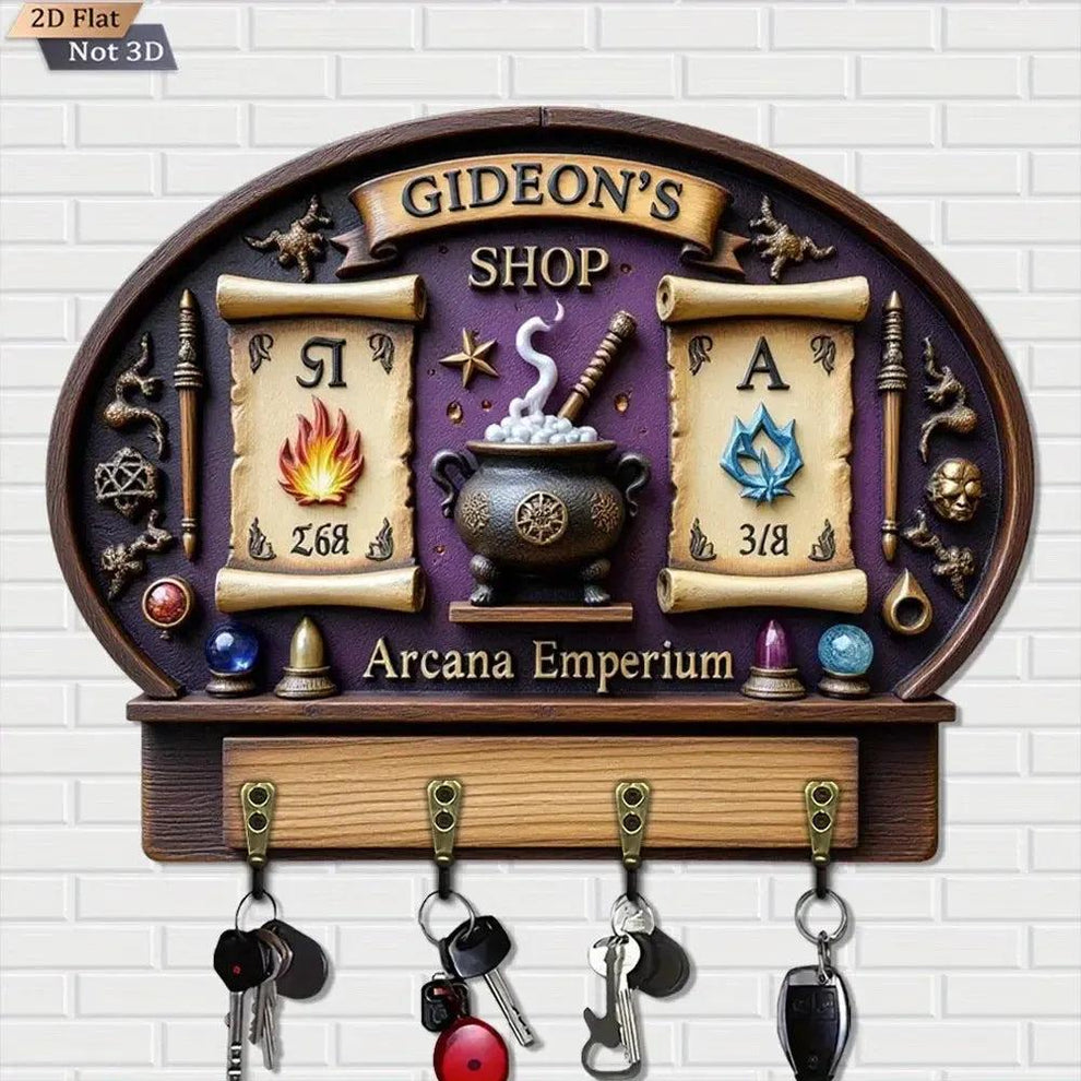 2D Magic Wicca Key Holder 4 Metal Hooks - Witchy Wood Key Rack