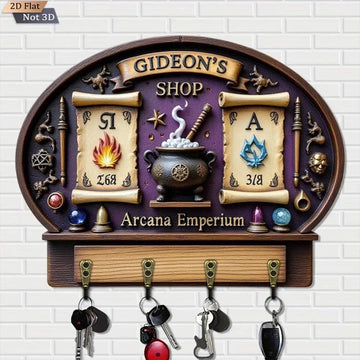 2D Magic Wicca Key Holder 4 Metal Hooks - Witchy Wood Key Rack-MoonChildWorld