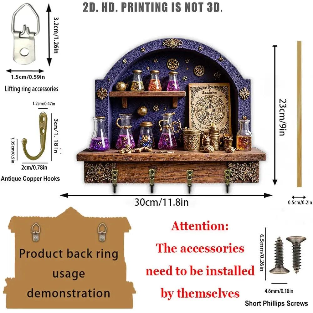 2D Magic Witchy Potion Wood Key Rack - Witchcraft Key Holder 4 Metal Hooks for Wicca Wall Decor-MoonChildWorld