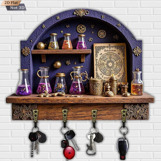 2D Magic Witchy Potion Wood Key Rack - Witchcraft Key Holder 4 Metal Hooks for Wicca Wall Decor-MoonChildWorld