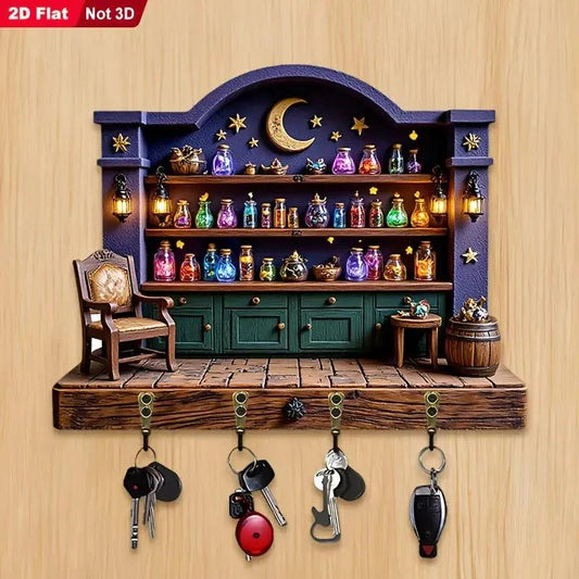 2D Magic Witchy Potions Wood Key Rack - Witchcraft Key Holder 4 Metal Hooks for Wicca Wall Decor-MoonChildWorld