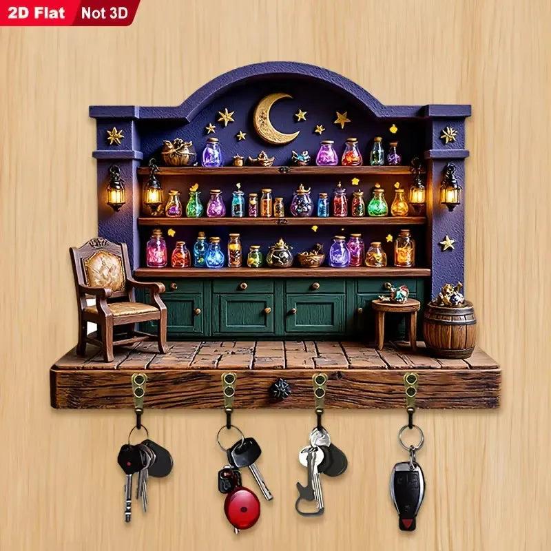 2D Magic Witchy Potions Wood Key Rack - Witchcraft Key Holder 4 Metal Hooks for Wicca Wall Decor-MoonChildWorld