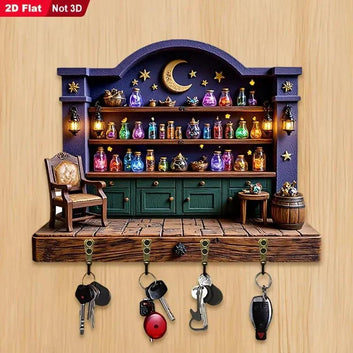 2D Magic Witchy Potions Wood Key Rack - Witchcraft Key Holder 4 Metal Hooks for Wicca Wall Decor-MoonChildWorld