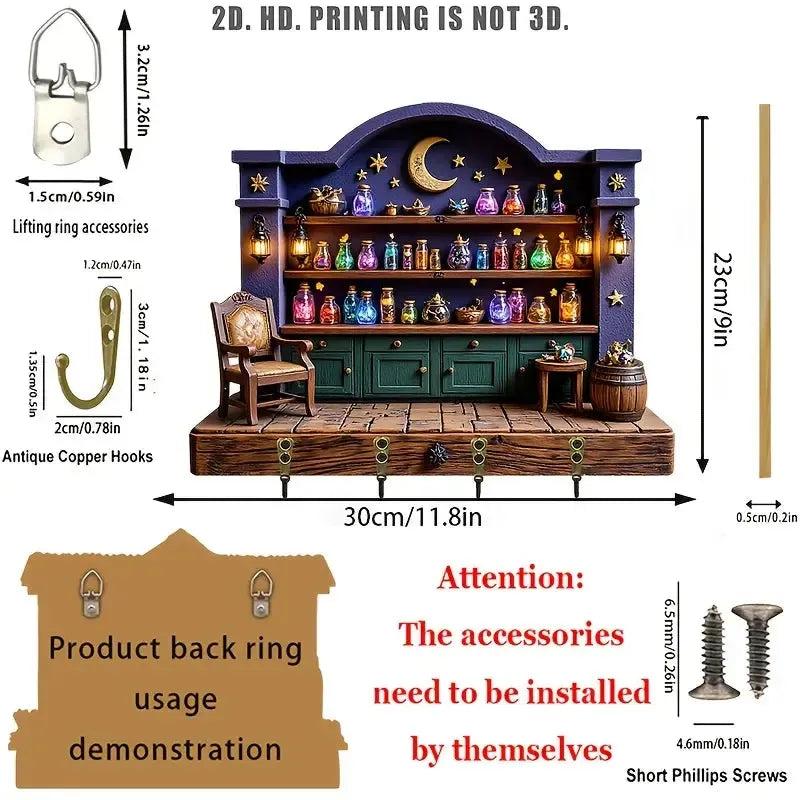 2D Magic Witchy Potions Wood Key Rack - Witchcraft Key Holder 4 Metal Hooks for Wicca Wall Decor-MoonChildWorld