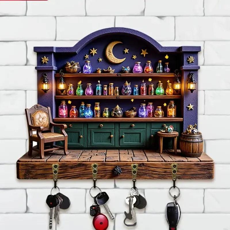 2D Magic Witchy Potions Wood Key Rack - Witchcraft Key Holder 4 Metal Hooks for Wicca Wall Decor-MoonChildWorld